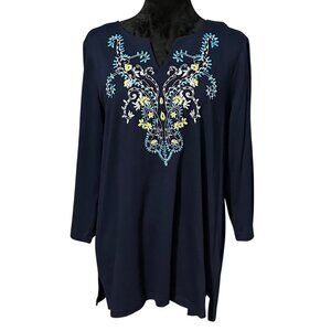 Kim Rogers Blouse XL Navy Embroidered Tunic 3/4 Sleeve Top Split Neck Comfy NWT